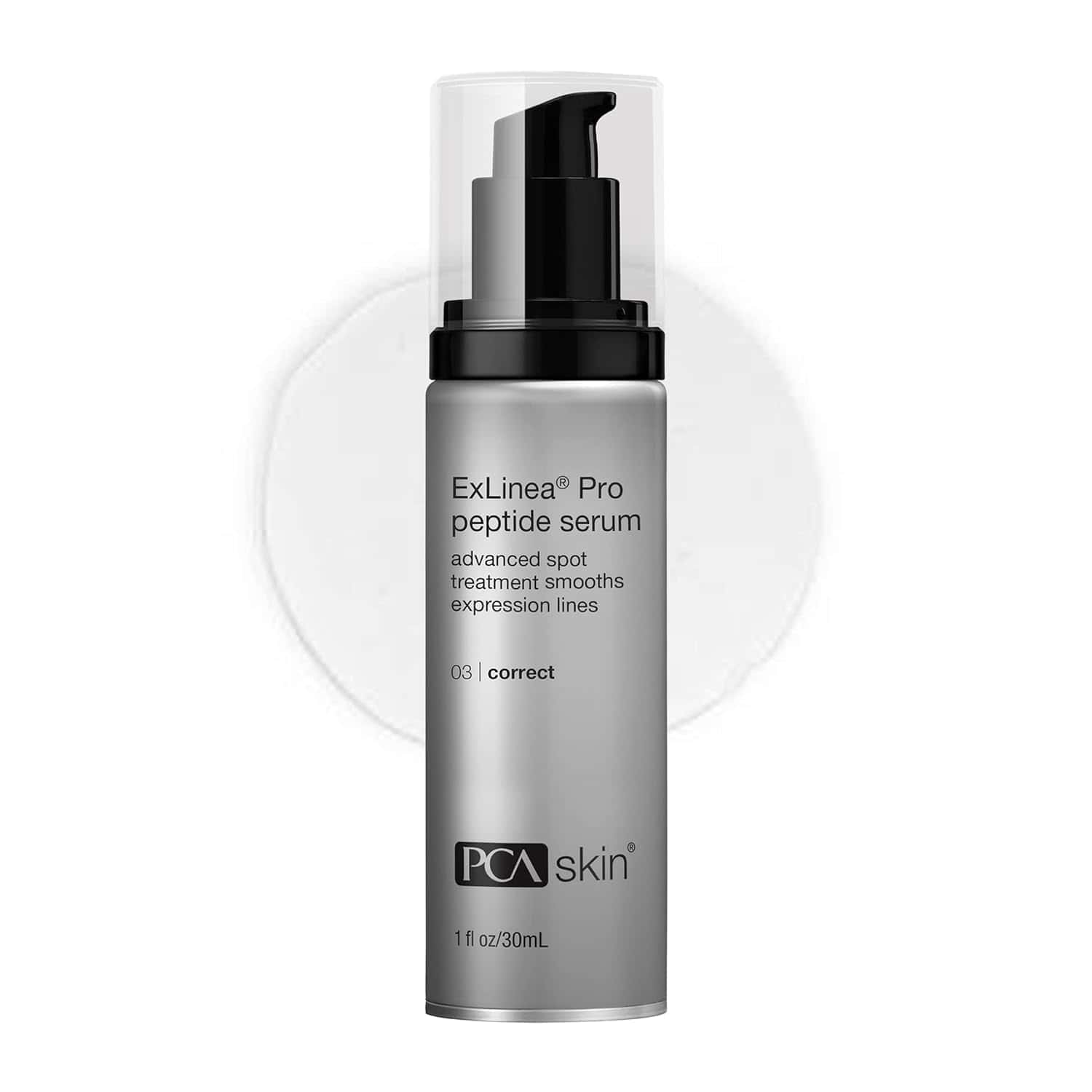 PCA Skin peptide serum pump bottle with black dispenser and silver label