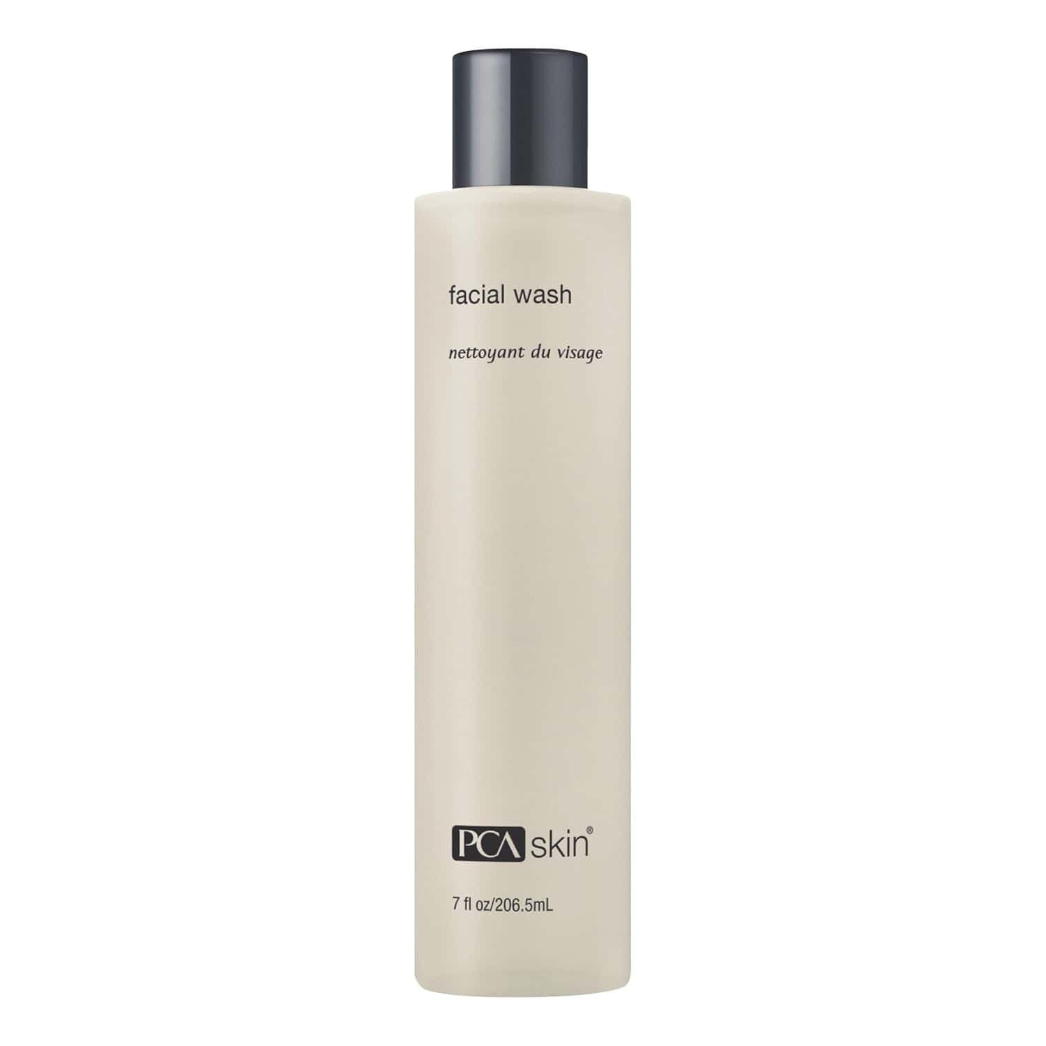 Facial wash bottle PCA Skin, tall beige plastic with black pump cap
