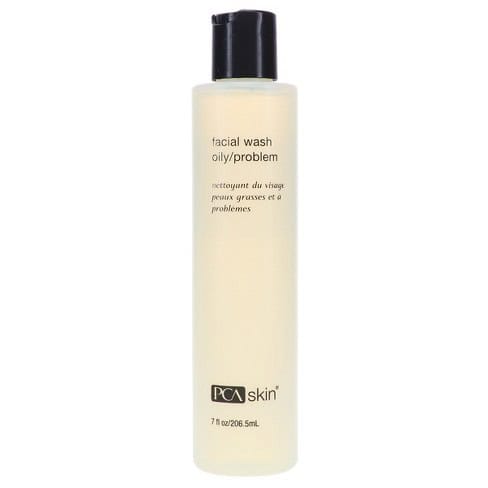 PCA Skin facial wash bottle, black cap, pale cream liquid, 7 fl oz