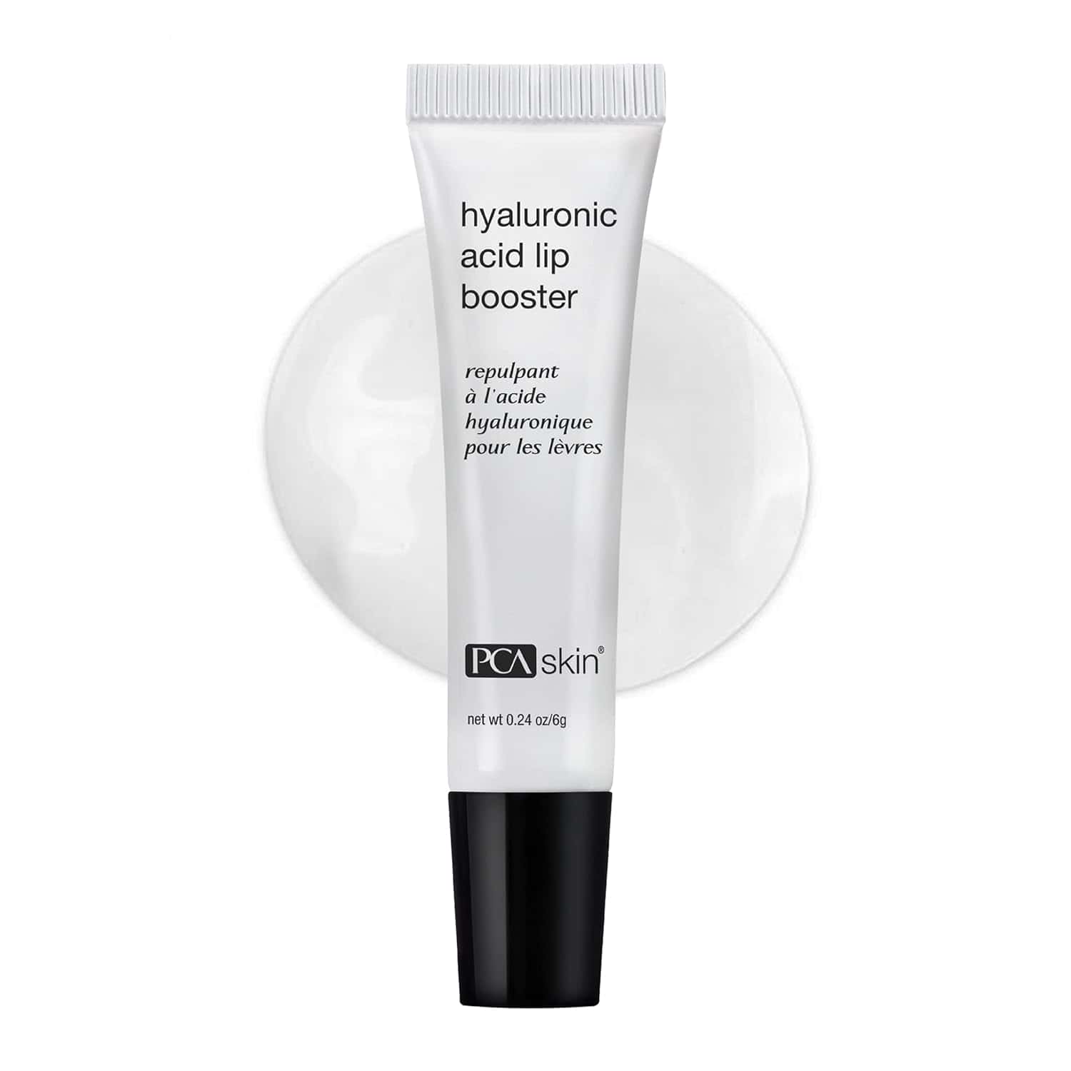 Hyaluronic acid lip booster tube with white body and black cap