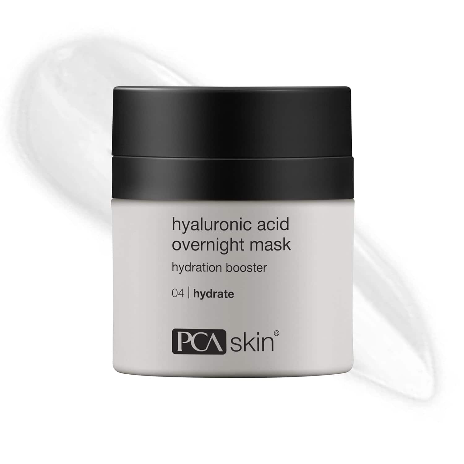 Skincare overnight mask jar with black cap and white label, PCA skin logo.