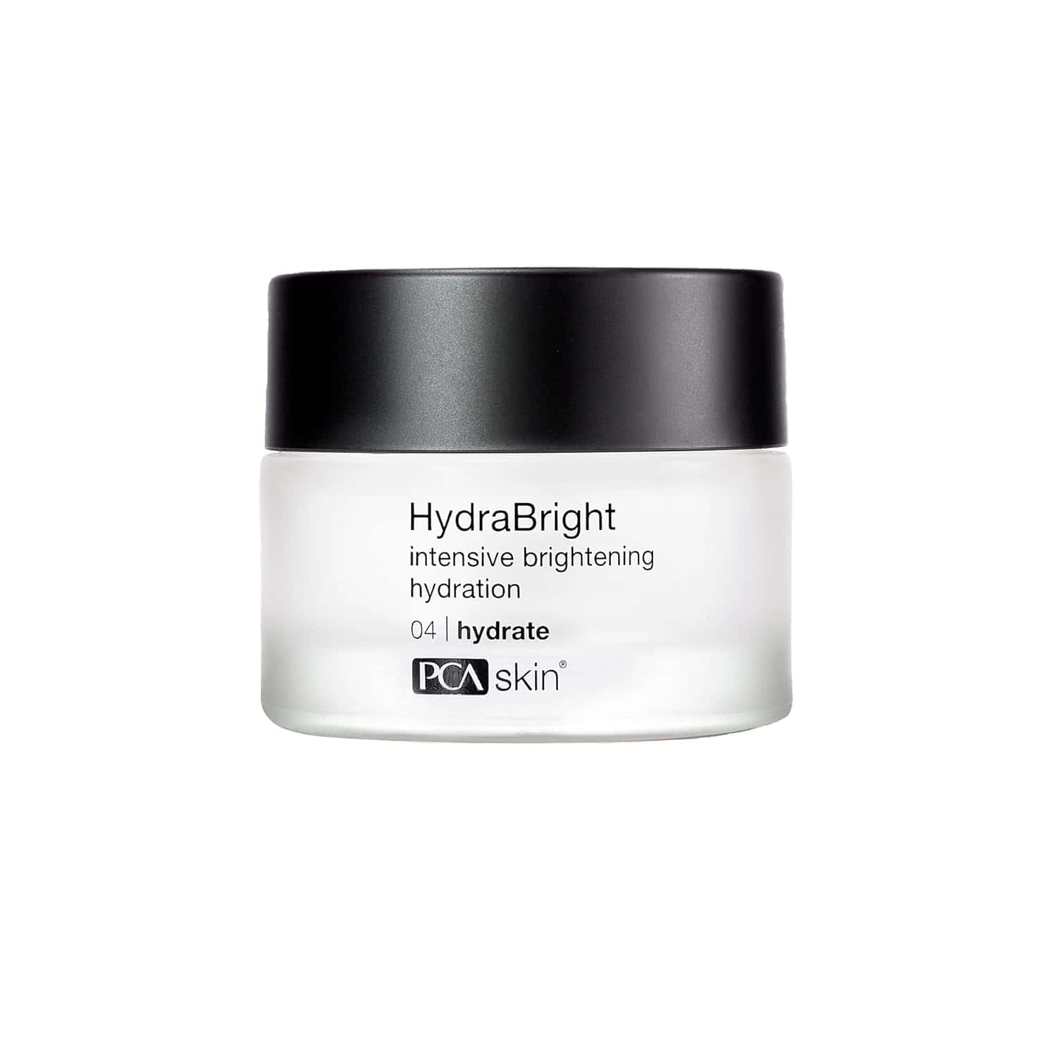 HydraBright skincare cream jar, white container with black lid, PCA skin label