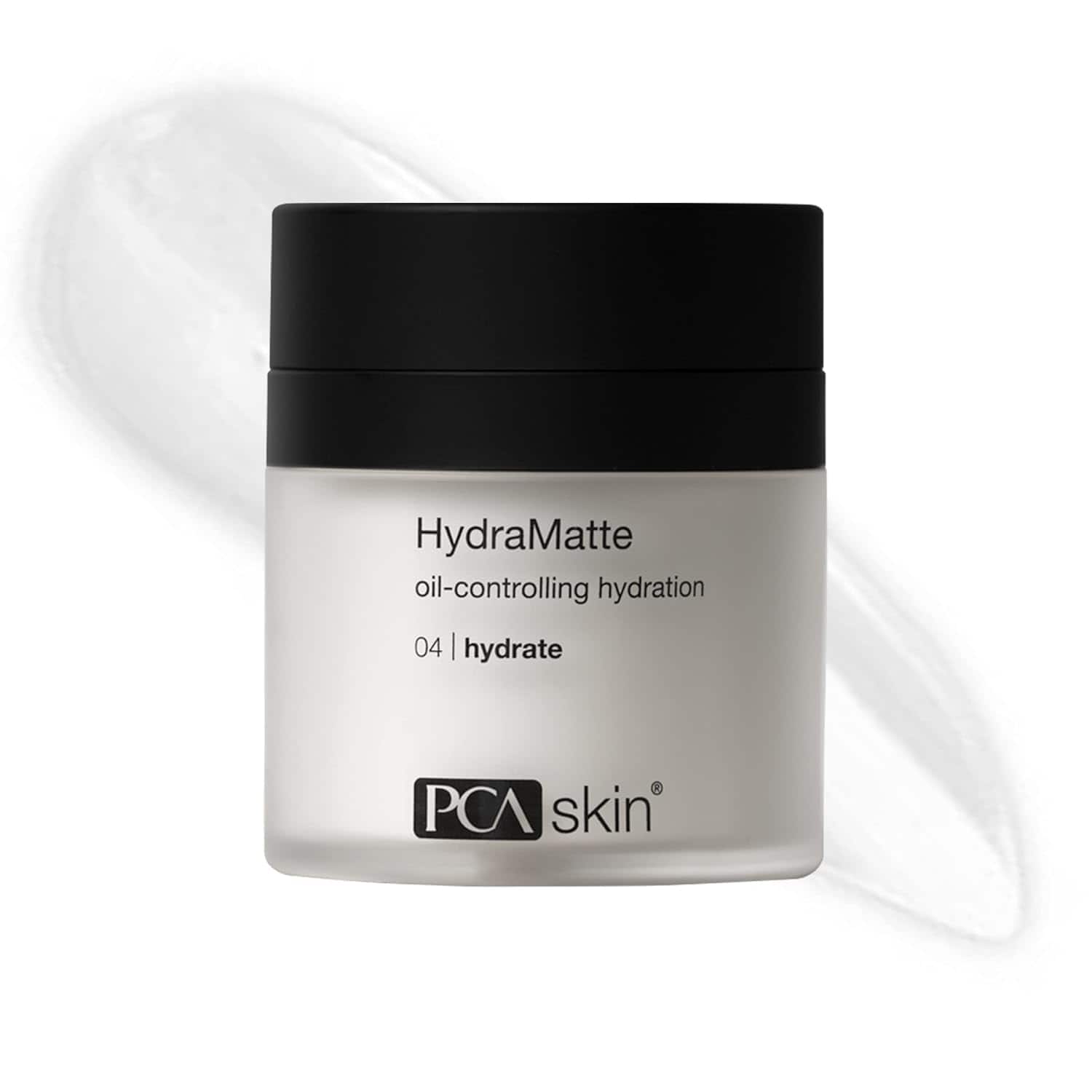 PCA Skin HydraMatte moisturizer jar with black lid, white container