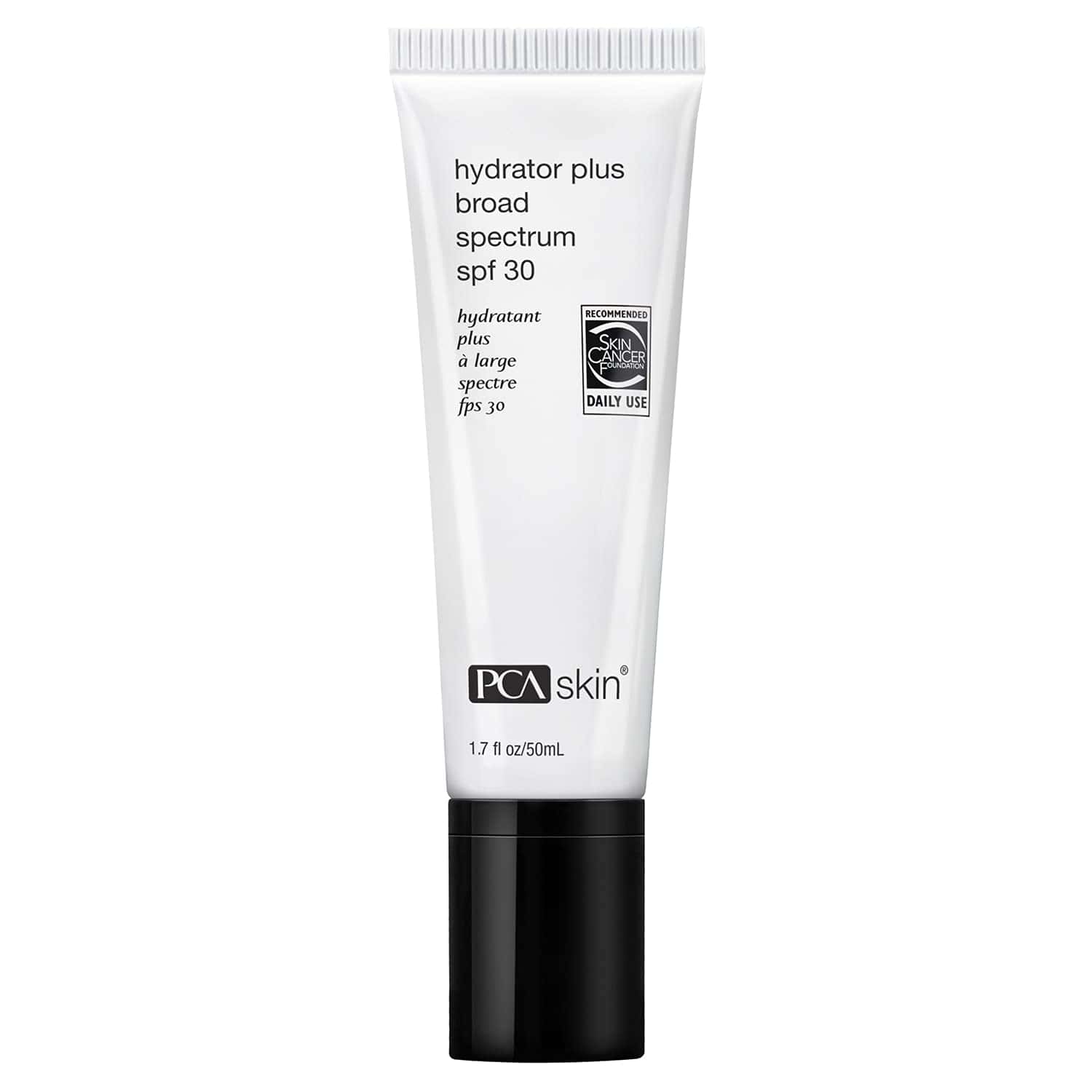 Broad spectrum SPF 30 sunscreen hydrator, squeeze tube with white and black cap