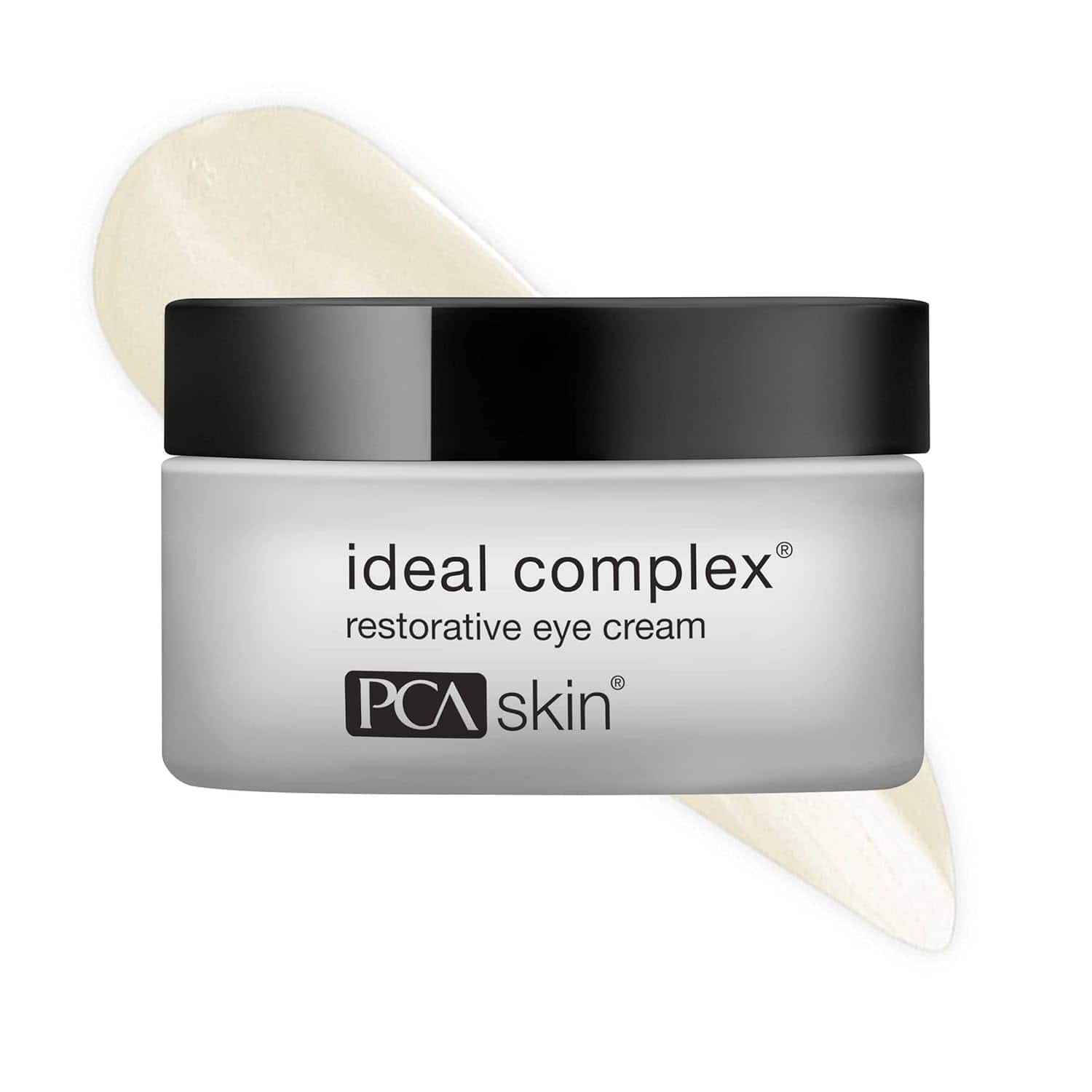 Restorative eye cream jar with black lid, white body labeled ideal complex PCA Skin