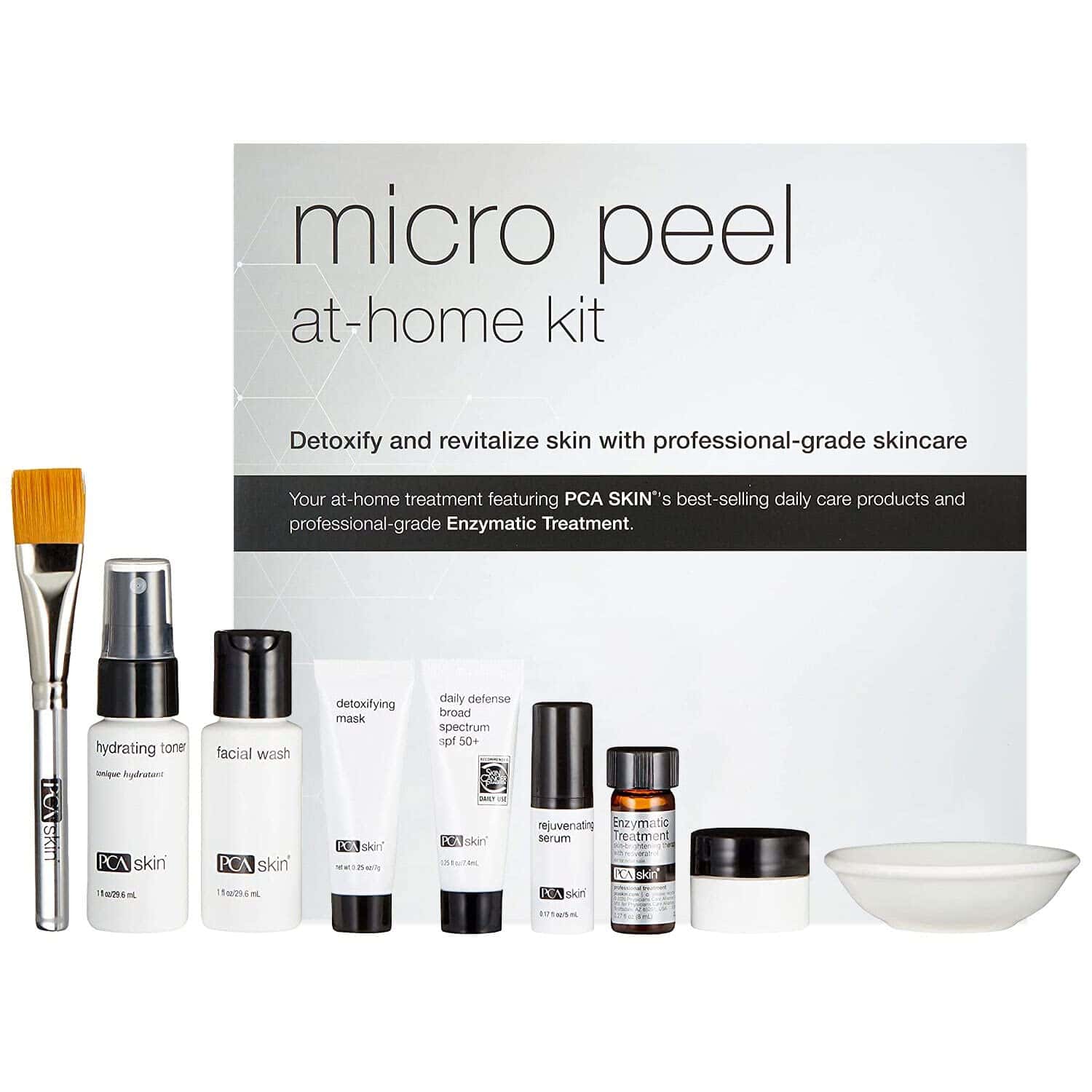Micro peel at-home skin care kit with multiple PCA Skin bottles and bowl.