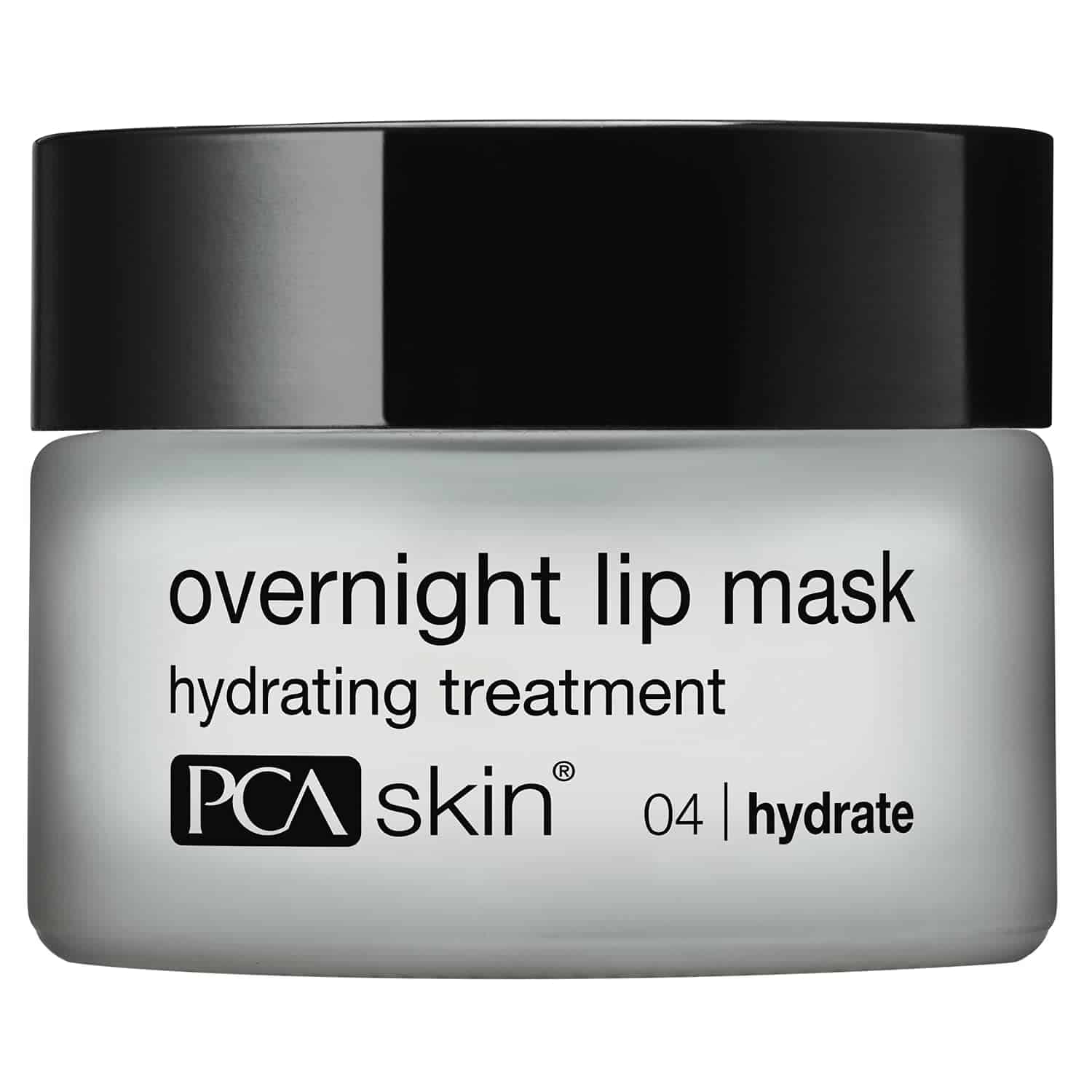 PCA Skin overnight lip mask jar with dark cap, hydrating treatment label.