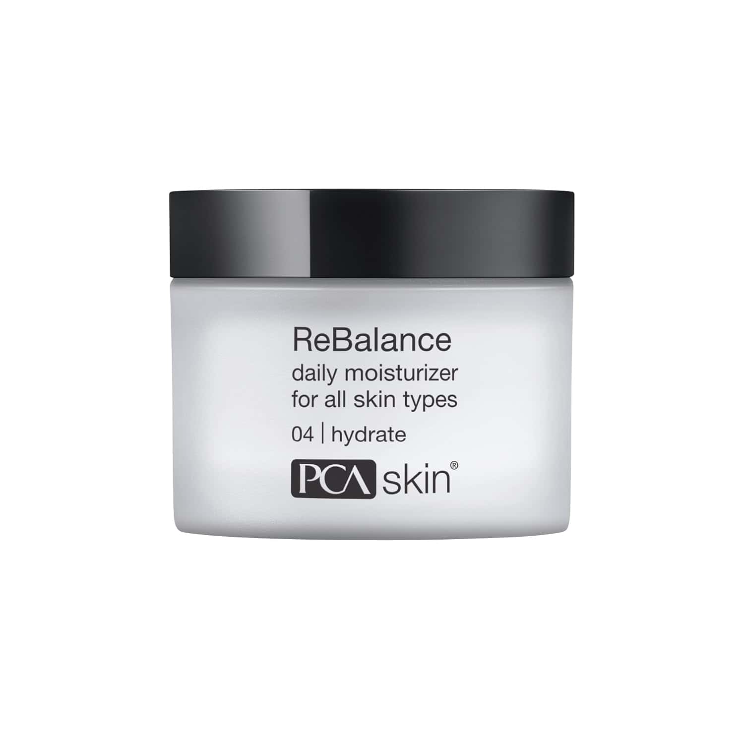 PCA Skin ReBalance daily moisturizer jar with white body and black screw-top lid