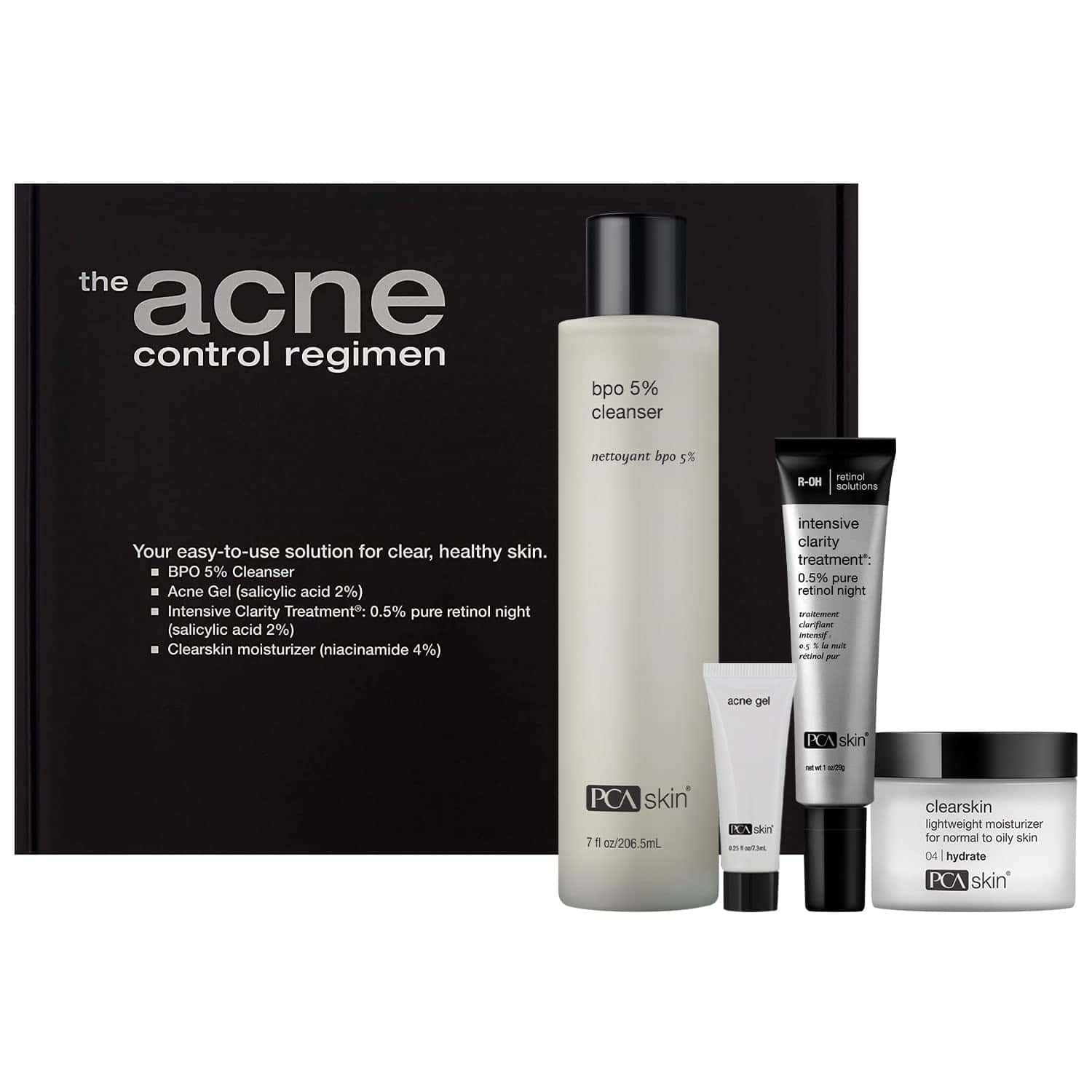 Acne control skincare set with BPO 5% cleanser bottle, acne gel tube, moisturizer jar