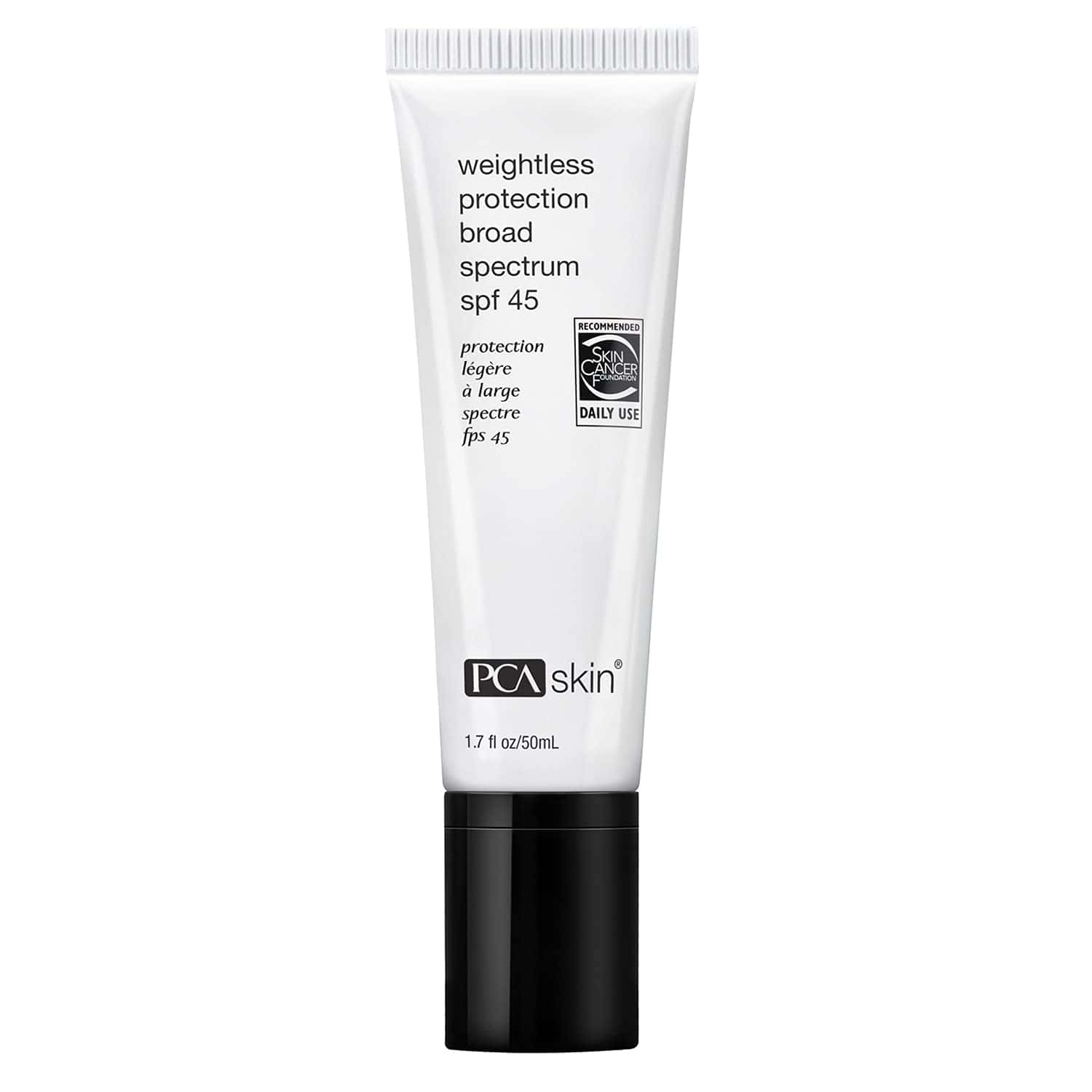 Weightless protection SPF 45 sunscreen tube, white with black cap