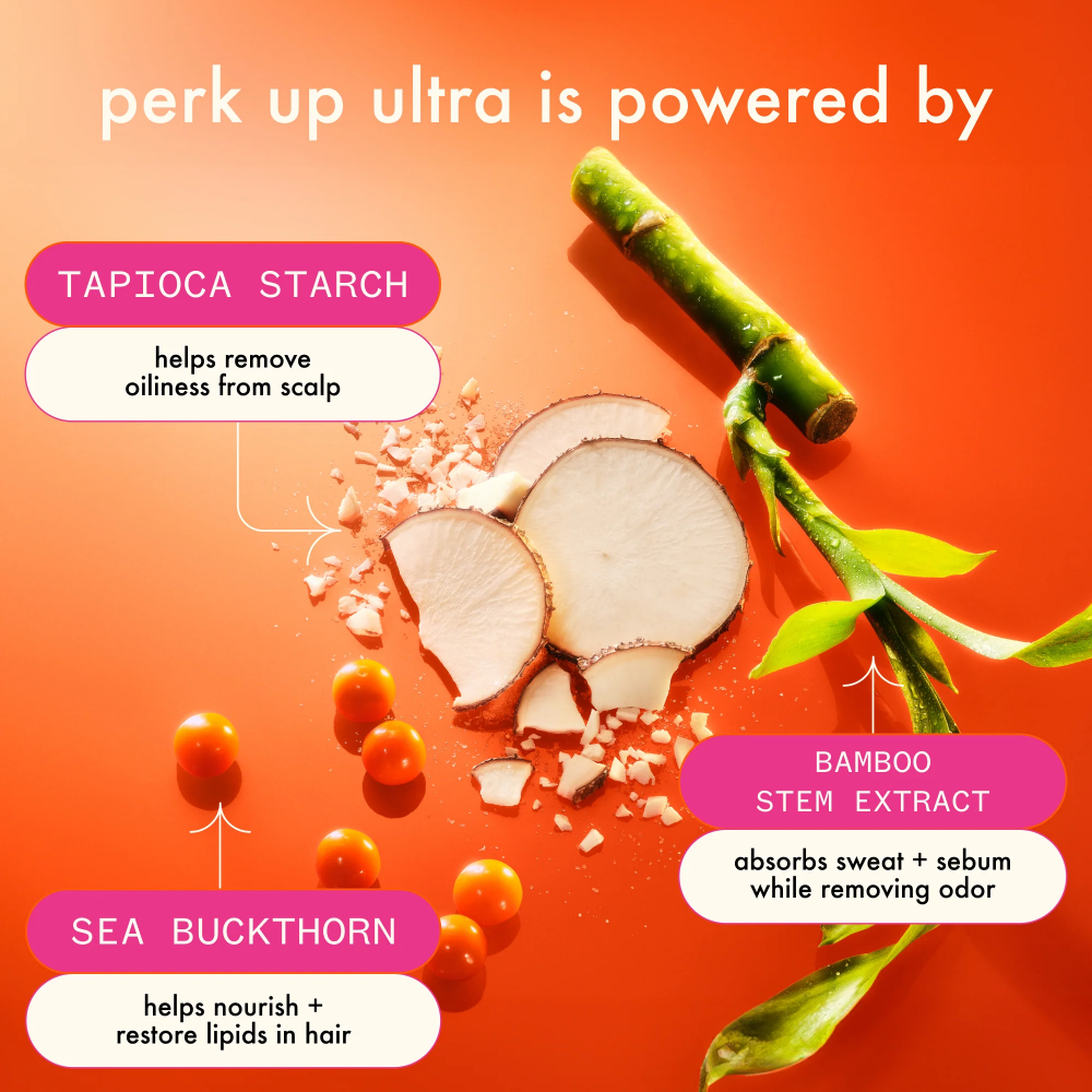 Oil control dry shampoo ingredient benefits graphic with tapioca starch, bamboo, sea buckthorn