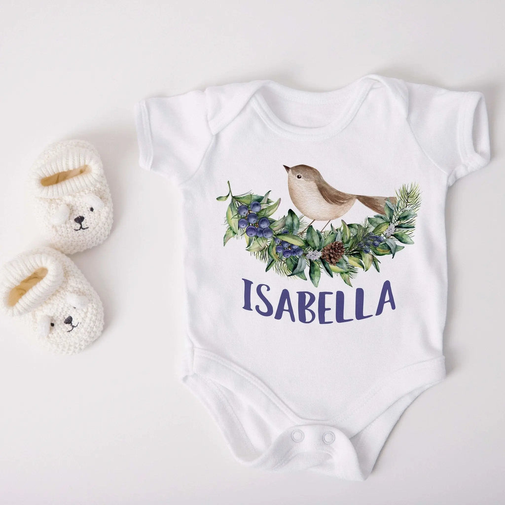 White short-sleeve baby bodysuit with woodland bird and floral wreath, 'ISABELLA' print