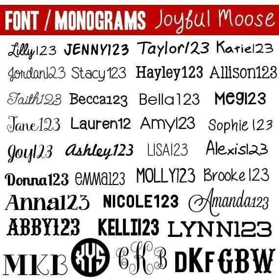 Font and monograms options for personalized dog ID tags, showing cursive and decorative letter styles
