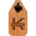 Personalized wooden bottle opener sign with metal opener and engraved name KEVIN