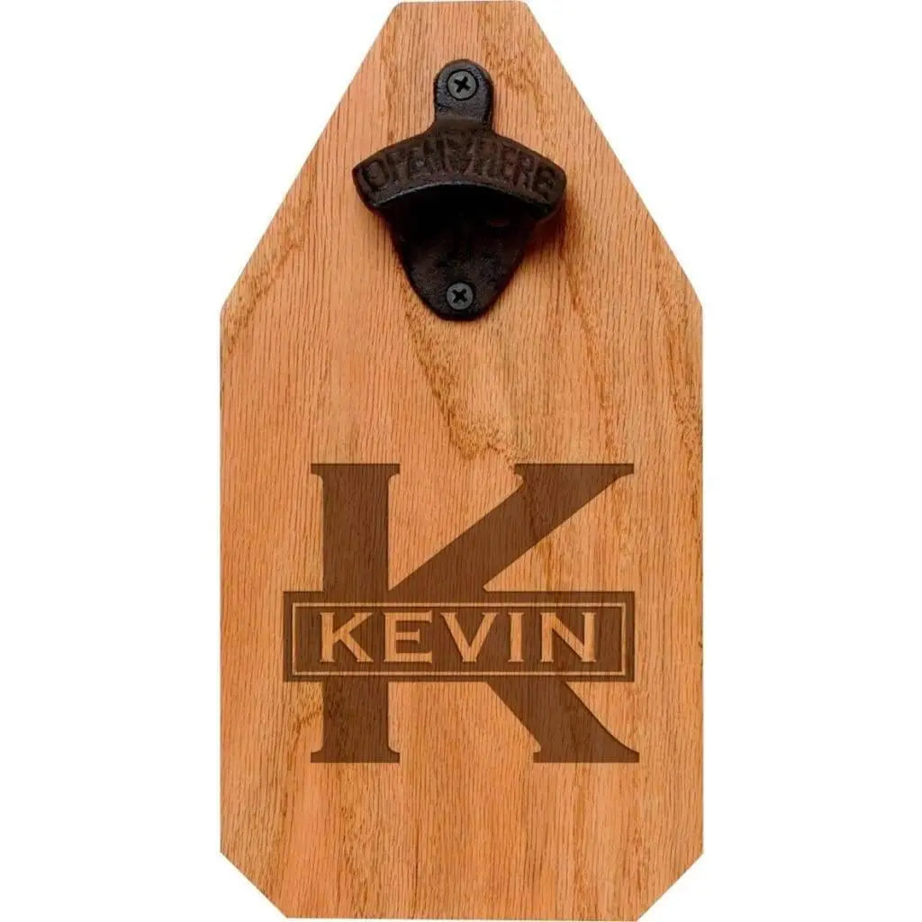 Personalized wooden bottle opener sign with metal opener and engraved name KEVIN