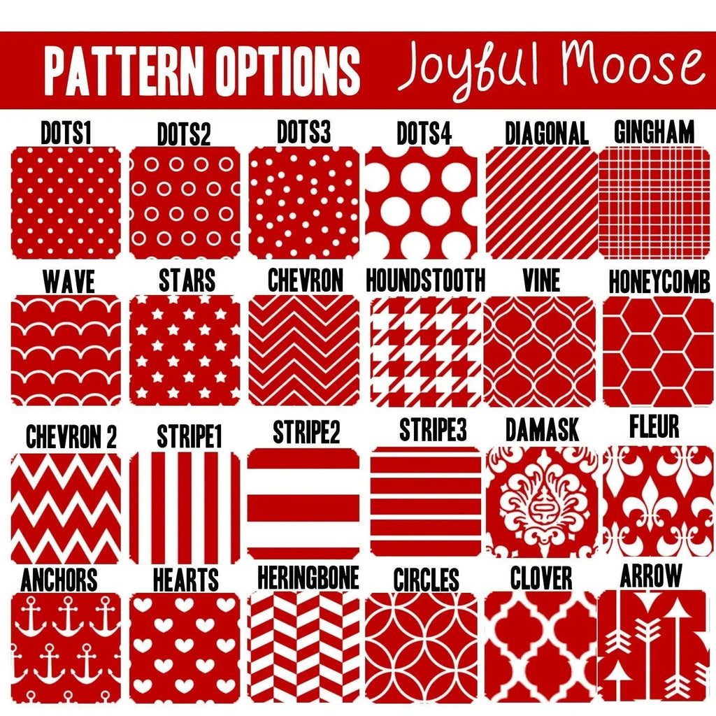Pattern options chart with dots, chevron, stripes, houndstooth, and more