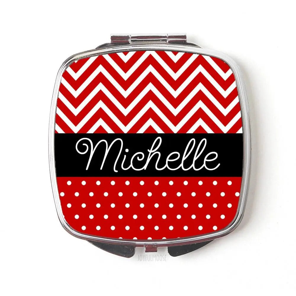 Personalized compact mirror with red, white, black chevron and polka dot cover