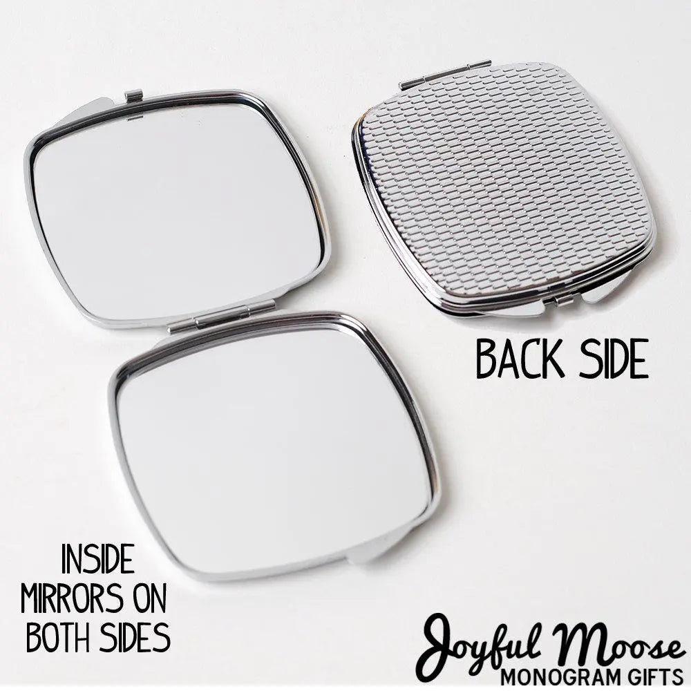 Personalized compact mirror with two hinged square mirrors and textured back
