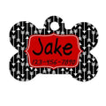 Personalized dog ID tag in arrow-bone shape, red center with name and number on black pattern