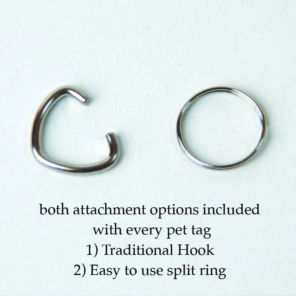 Metal attachment hook and split ring for securing a pet ID tag.