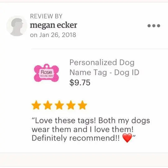 Customer review card showing a pink tag icon, $9.75 price, and 5-star rating.