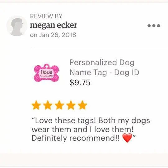 Personalized dog name tag listing and review panel with star rating