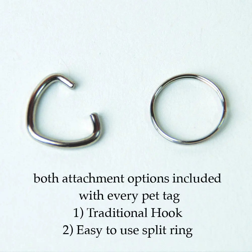 Metal attachment hook and split ring for dog name tags
