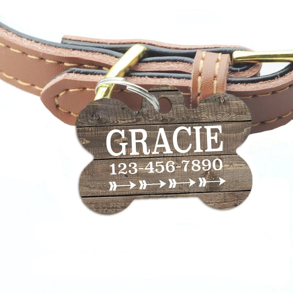 Weathered wood bone metal dog name tag on tan leather collar, GRACE and phone number