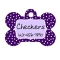 Purple polka-dot dog bone ID tag with circular hole and custom name plate