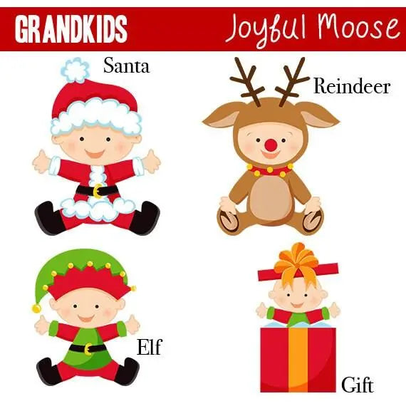Personalized ornament design with Santa, reindeer, elf, and wrapped gift icons