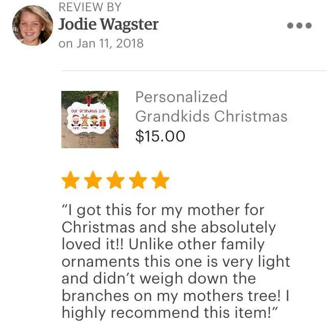 Five-star customer review screenshot for a personalized grandkids Christmas ornament