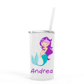 Kids mermaid skinny stainless tumbler with straw, purple design and name Andrea