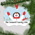 Personalized snowman Christmas ornament with scarf, hearts, and 'The Bennett Family 2016'