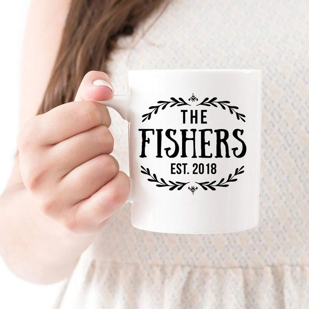 Personalized wedding mug, white with 'THE FISHERS' floral wreath and EST. 2018