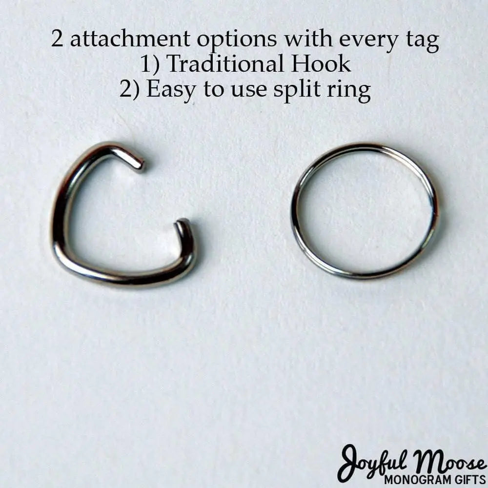Stainless steel attachment options: traditional hook and split ring for pet ID tags