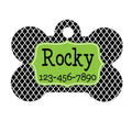 Bone-shaped pet ID tag with lime green name plate and black-and-white patterned body