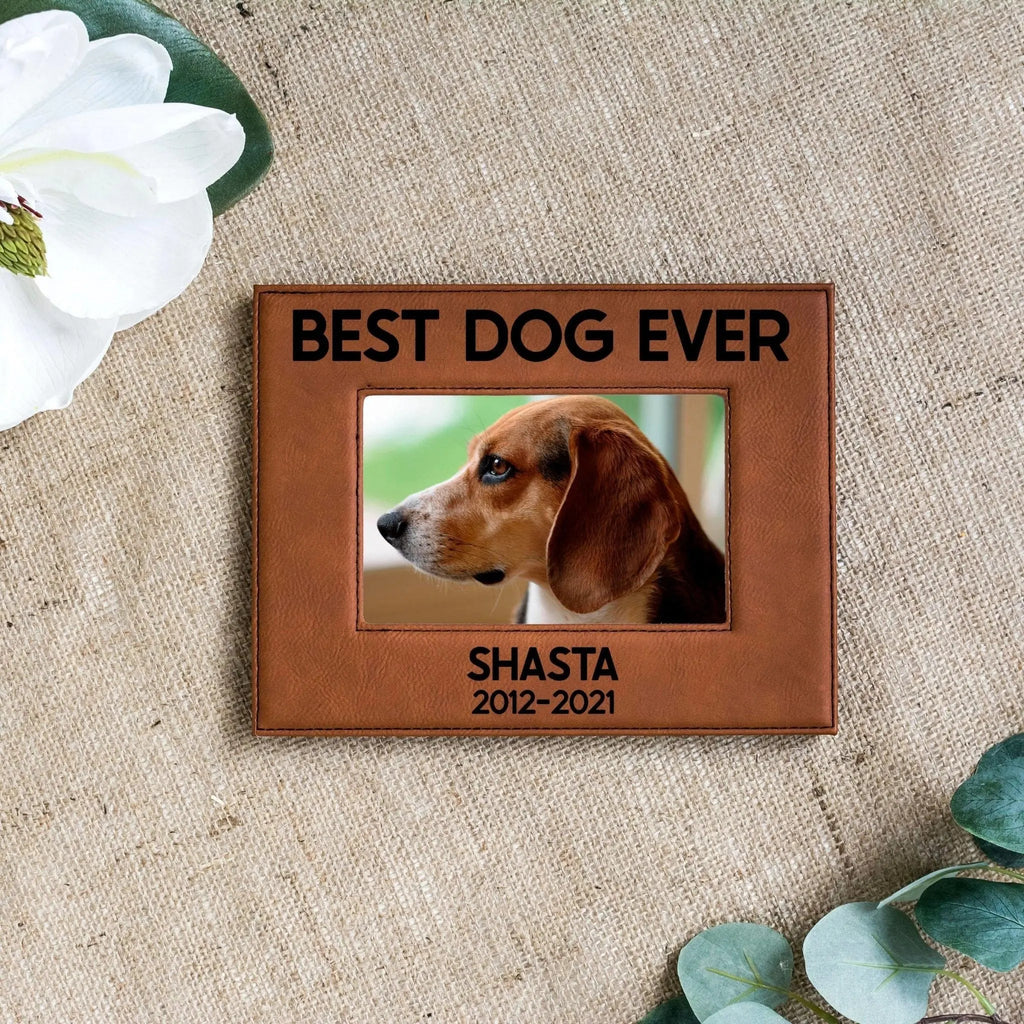 Brown leather pet memorial photo frame with dog picture, 'BEST DOG EVER', and 'SHASTA 2012–2021'.