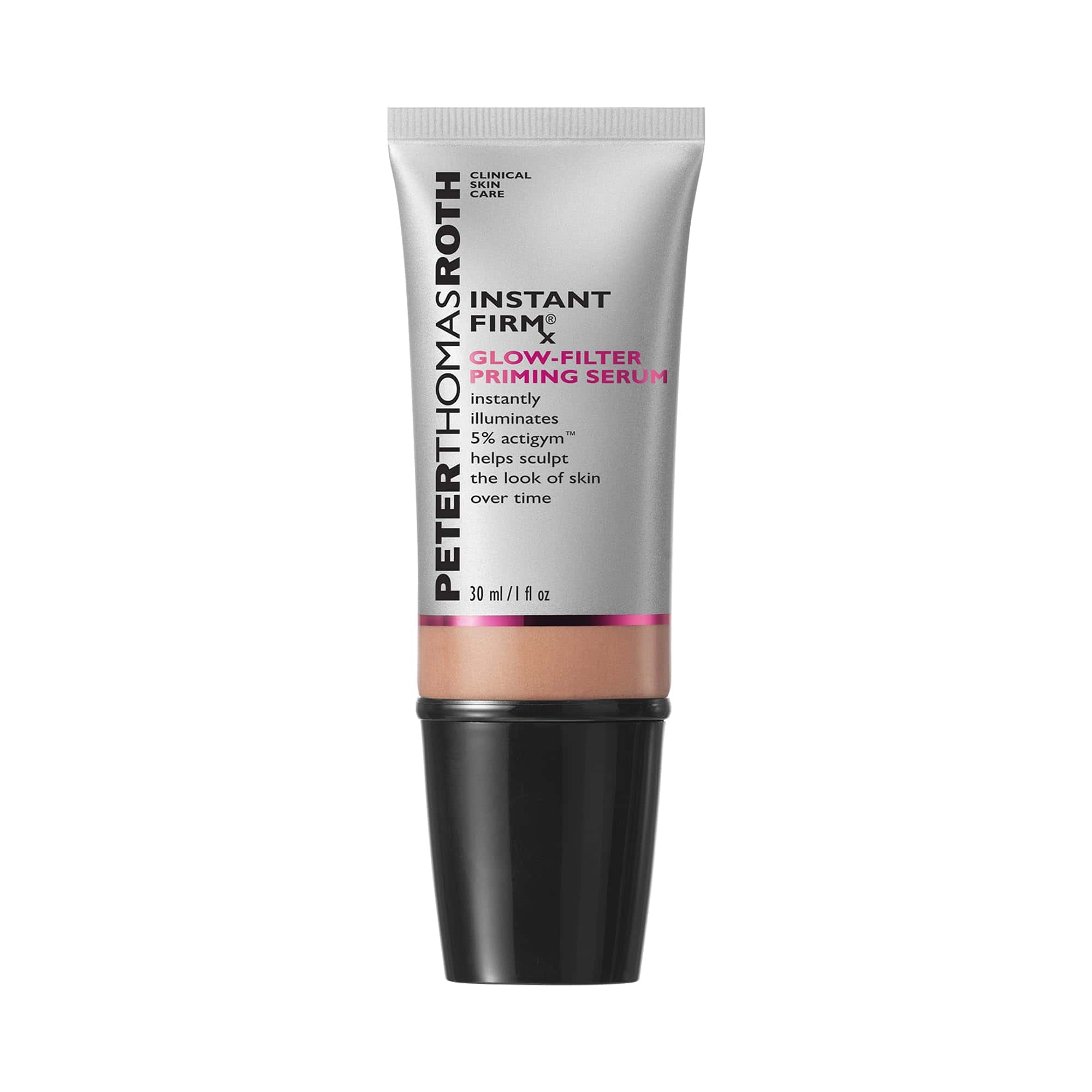 Facial serum in silver squeeze tube with black cap and pink label band