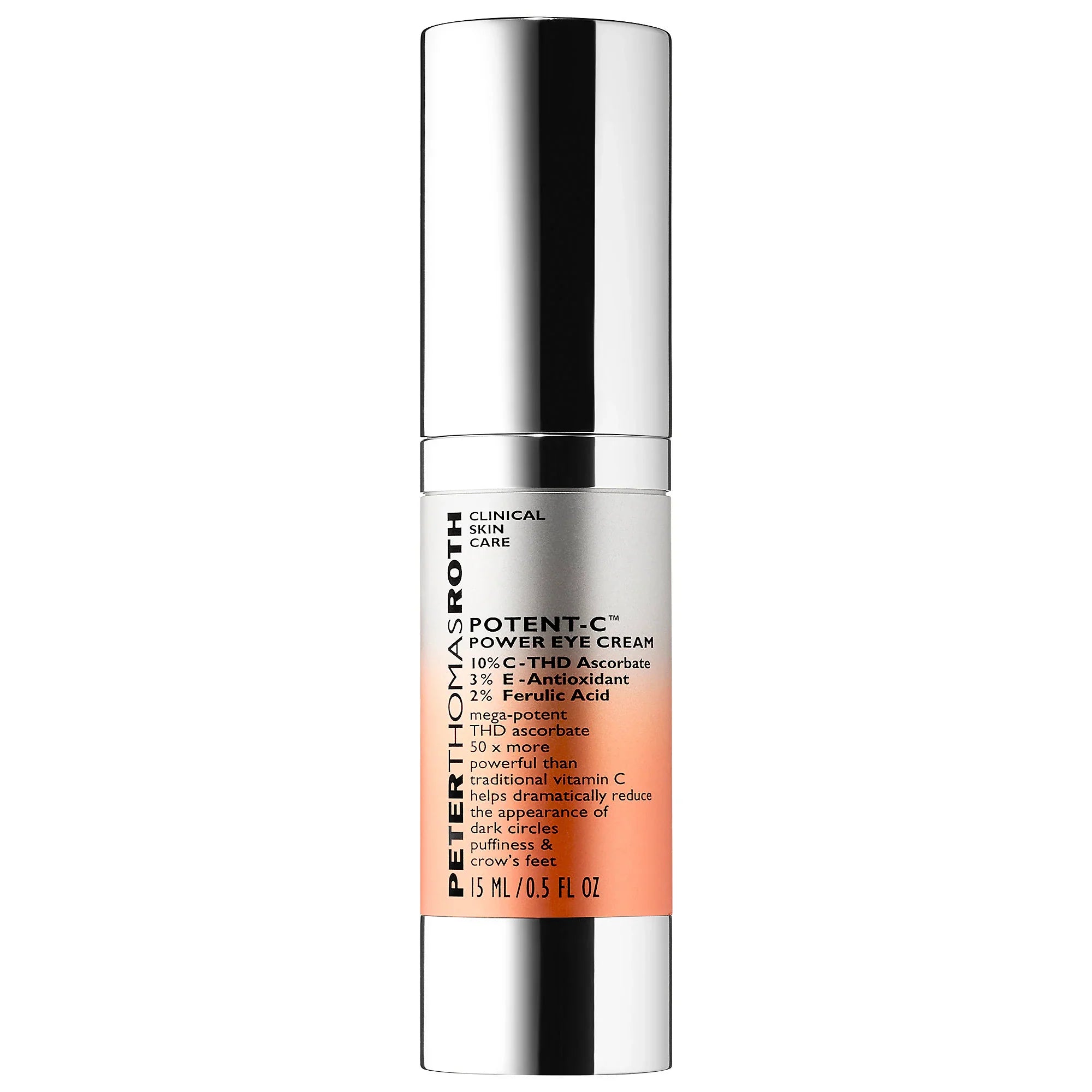 Eye cream container with silver cap and frosted label, 0.5 oz.