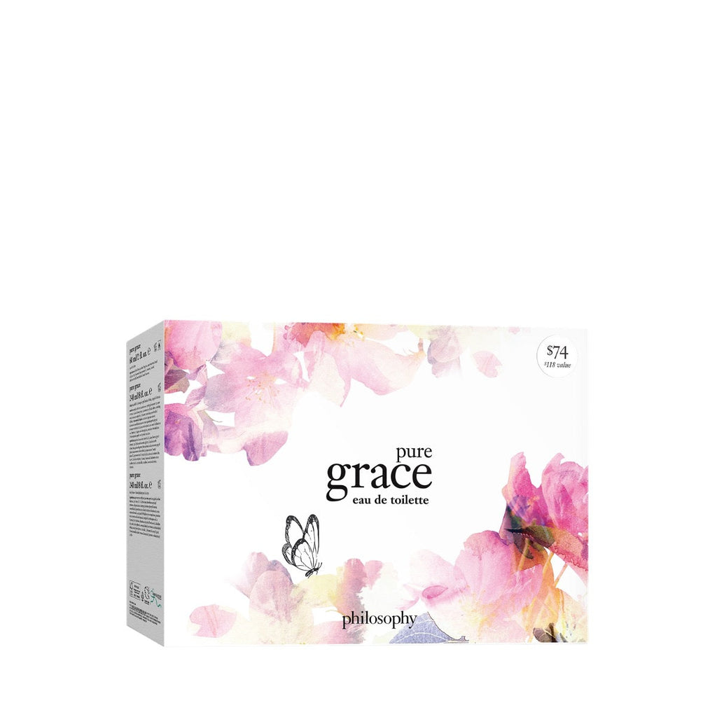Pure Grace eau de toilette box with pink and purple floral artwork