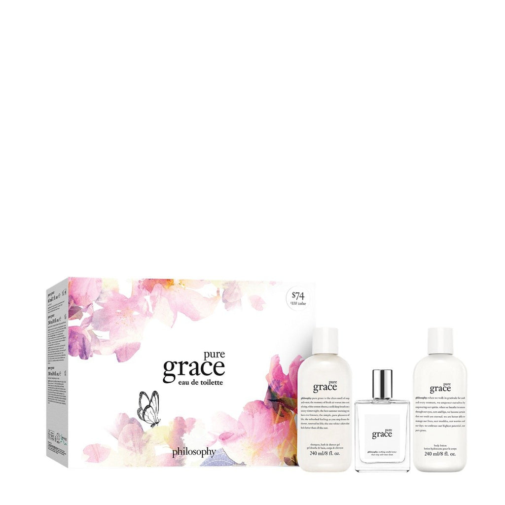 Pure Grace eau de toilette gift set trio with floral box and three bottles