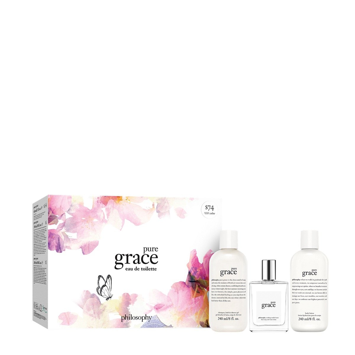 Pure Grace eau de toilette gift set trio with floral box and three bottles