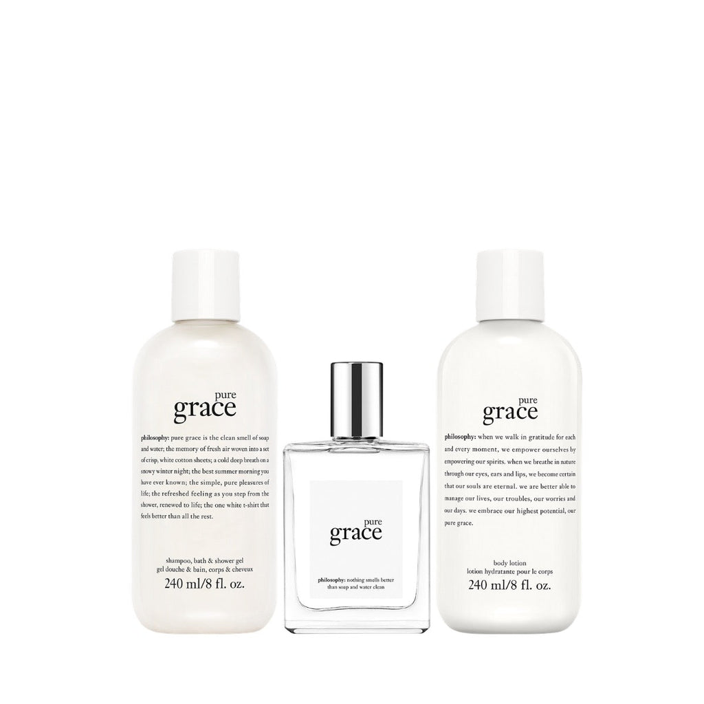 Pure Grace fragrance set: two white bottles and one clear bottle with silver cap