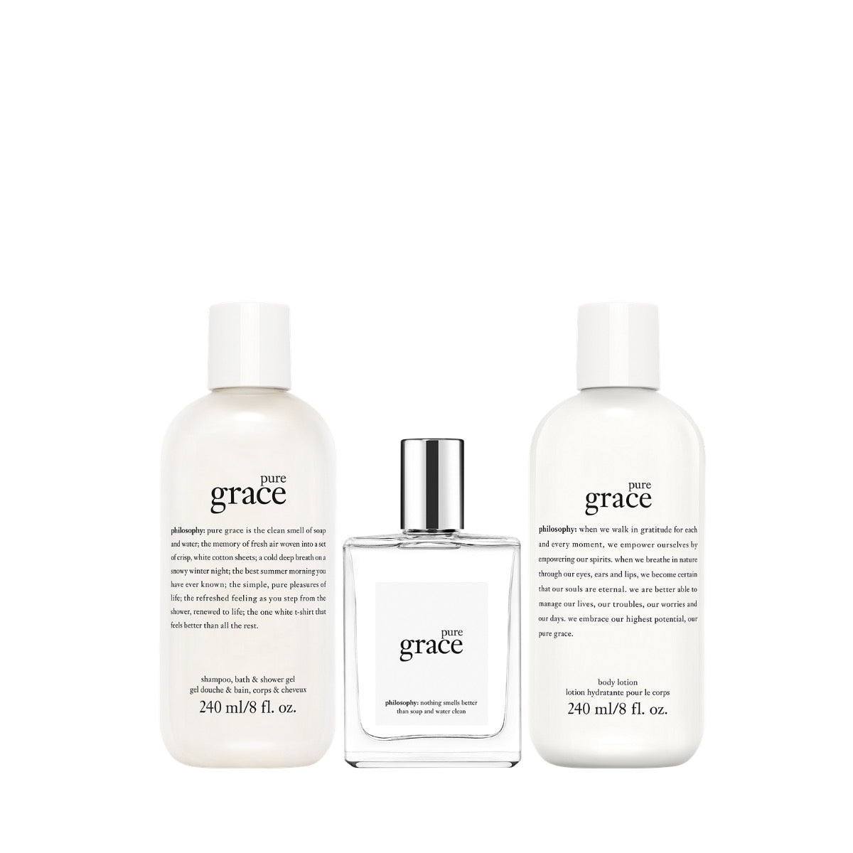 Pure Grace fragrance set: two white bottles and one clear bottle with silver cap