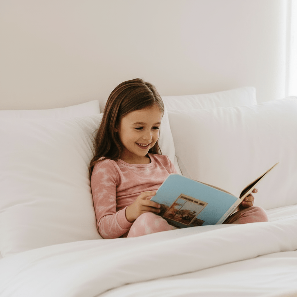 Girl wearing pink long-sleeve pajama set while reading in bed