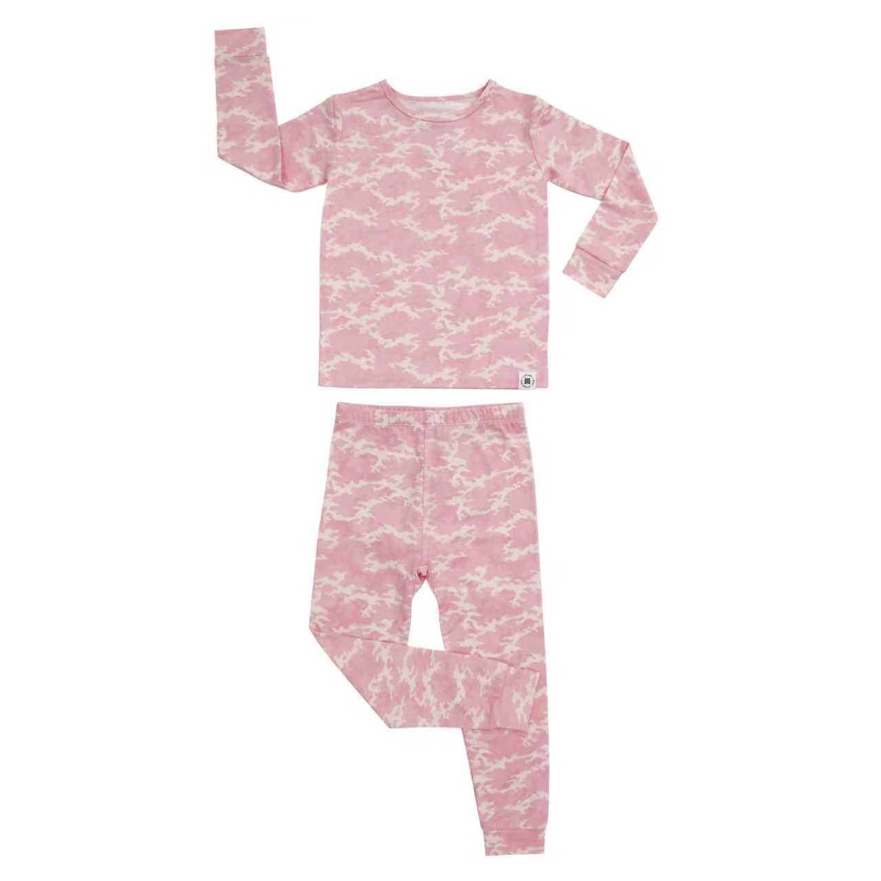 Kids pajama set for girls, pink camo-style print long-sleeve top and pants
