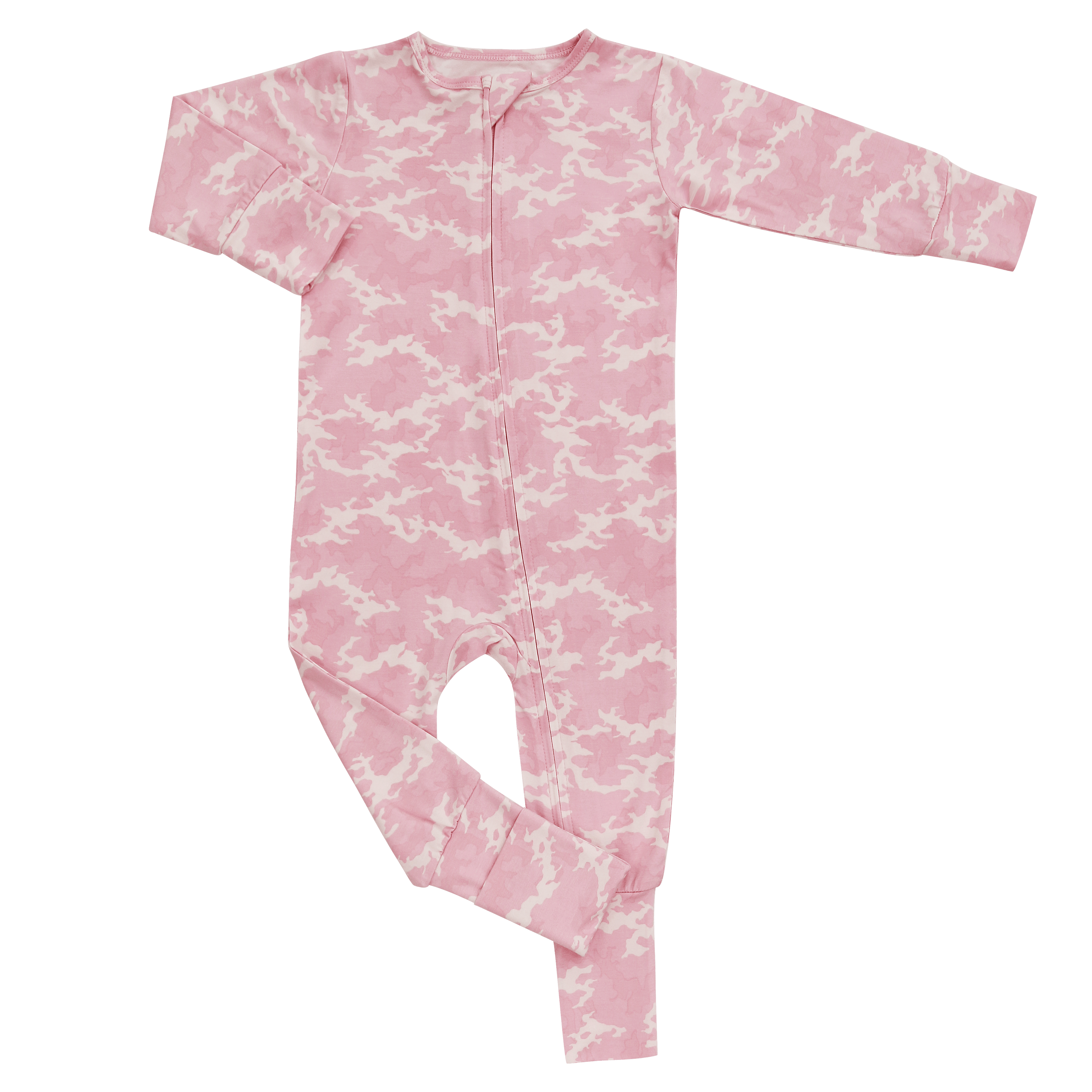Long-sleeve pink camouflage convertible romper with full-length zipper and foot opening