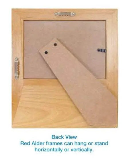 Wood photo frame back view with hanging hardware and flat backing