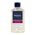 Shampoo bottle with clear liquid, dark blue cap, and PHYTOCYANE label