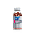 Dietary supplement bottle with red capsules and gray label
